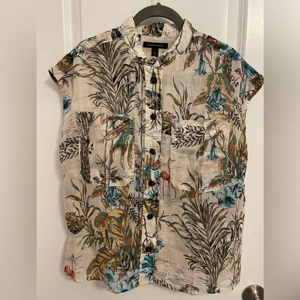 Banana Republic Linen Gauze Tropical Print Sleeveless Blouse - Size M